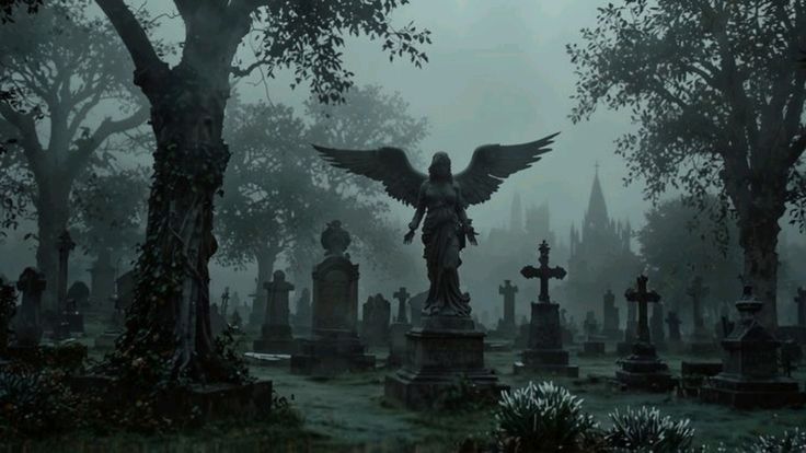 A foggy cemetery with a prominent angel statue at the center; surrounded by gravestones and trees, the mood is eerie and mysterious.