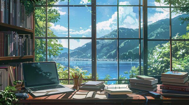 A serene study room with a wooden desk, books, and a laptop overlooks a sunny lake and mountains through a large window, evoking tranquility.
