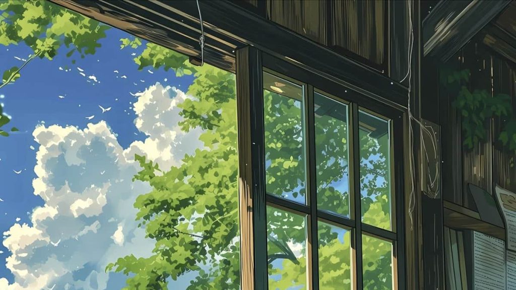 A window view shows bright blue skies, fluffy clouds, and lush green tree leaves. Sunlight filters through, creating a serene, tranquil atmosphere.