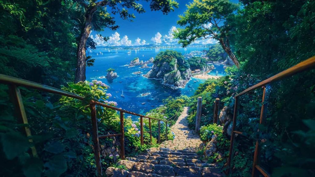 Stone steps descend through lush green foliage towards a vibrant blue ocean, dotted with sailboats and rocky islands, under a bright, clear sky.