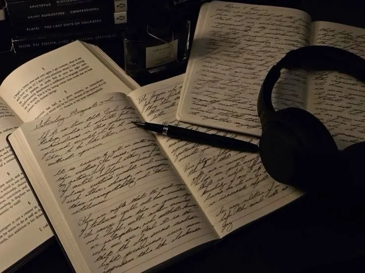Open notebooks filled with cursive writing lie on a dark desk, surrounded by a pen, headphones, and stacked books, creating a cozy, contemplative atmosphere.