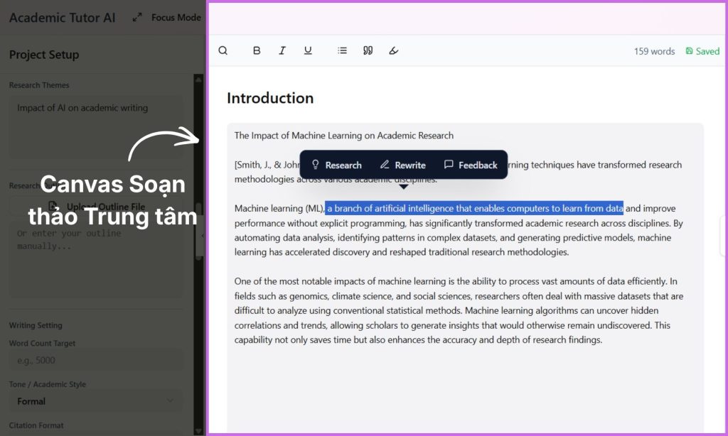 Cách sử dụng MistWriter.ai: Canvas Soạn thảo Trung tâm