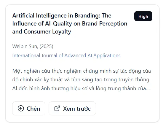 Giao diện công cụ tìm kiếm và trích dẫn tự động với thông tin chi tiết về bài báo khoa học và tùy chọn chèn trực tiếp vào văn bản.